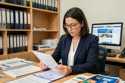 Femme consultant des documents officiels sur l'ASPOLT et le Kerfent dans un bureau administratif