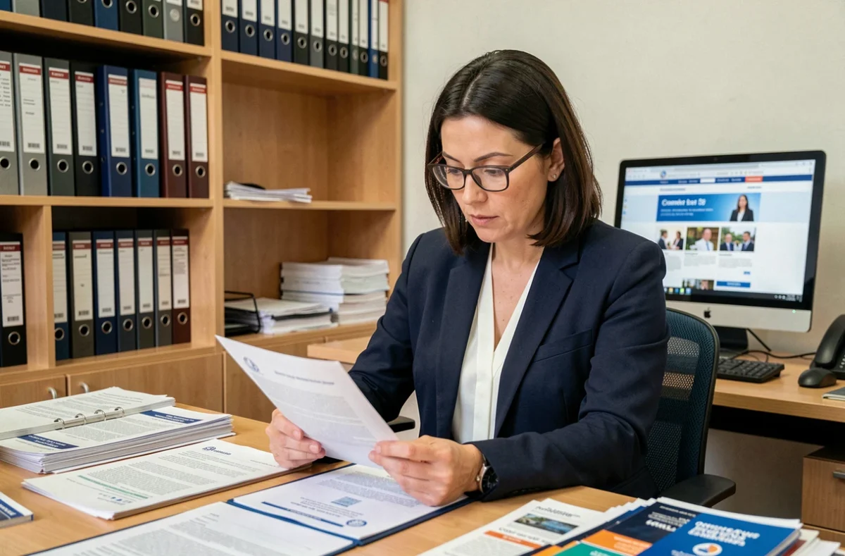 Femme consultant des documents officiels sur l'ASPOLT et le Kerfent dans un bureau administratif