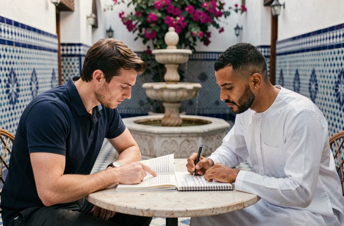 Deux hommes pratiquant la traduction français-marocain darija ensemble dans un riad marocain avec un guide bilingue