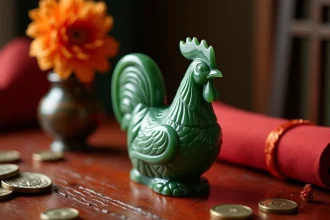 Figurine de coq en jade vert sur autel chinois traditionnel, entourée de pièces en bronze et fleurs séchées, symbolisant le signe astrologique du Coq en astrologie chinoise 1993
