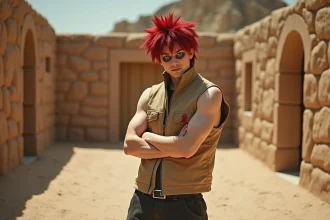 Cosplayer représentant Gaara de Naruto avec le signe kanji sur le front et maquillage caractéristique, devant un décor désertique