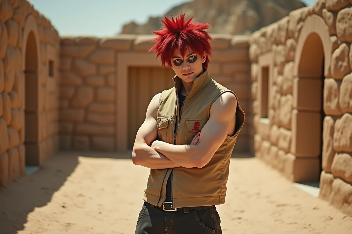 Cosplayer représentant Gaara de Naruto avec le signe kanji sur le front et maquillage caractéristique, devant un décor désertique