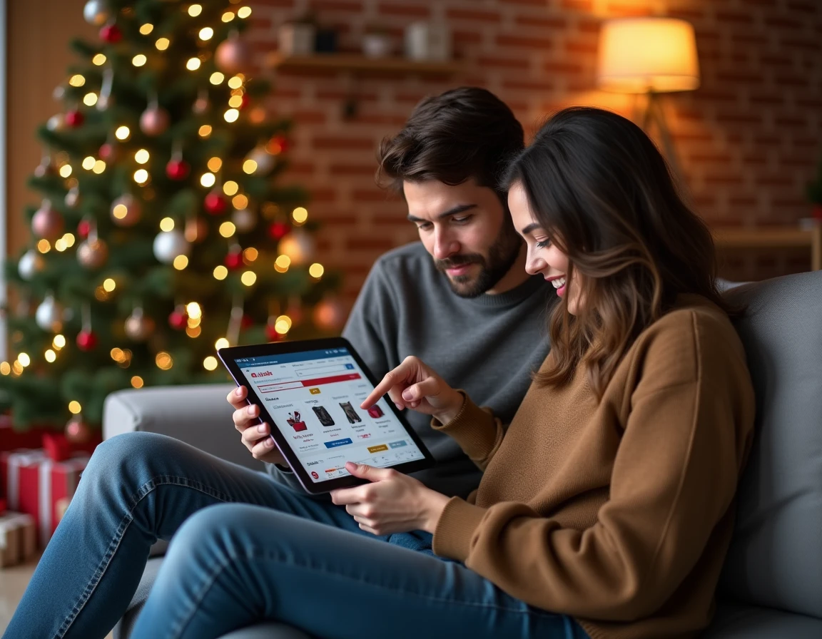 Couple planifiant leurs achats cadeaux de Noël en ligne sur une tablette pendant le Cyber Monday dans un salon décoré