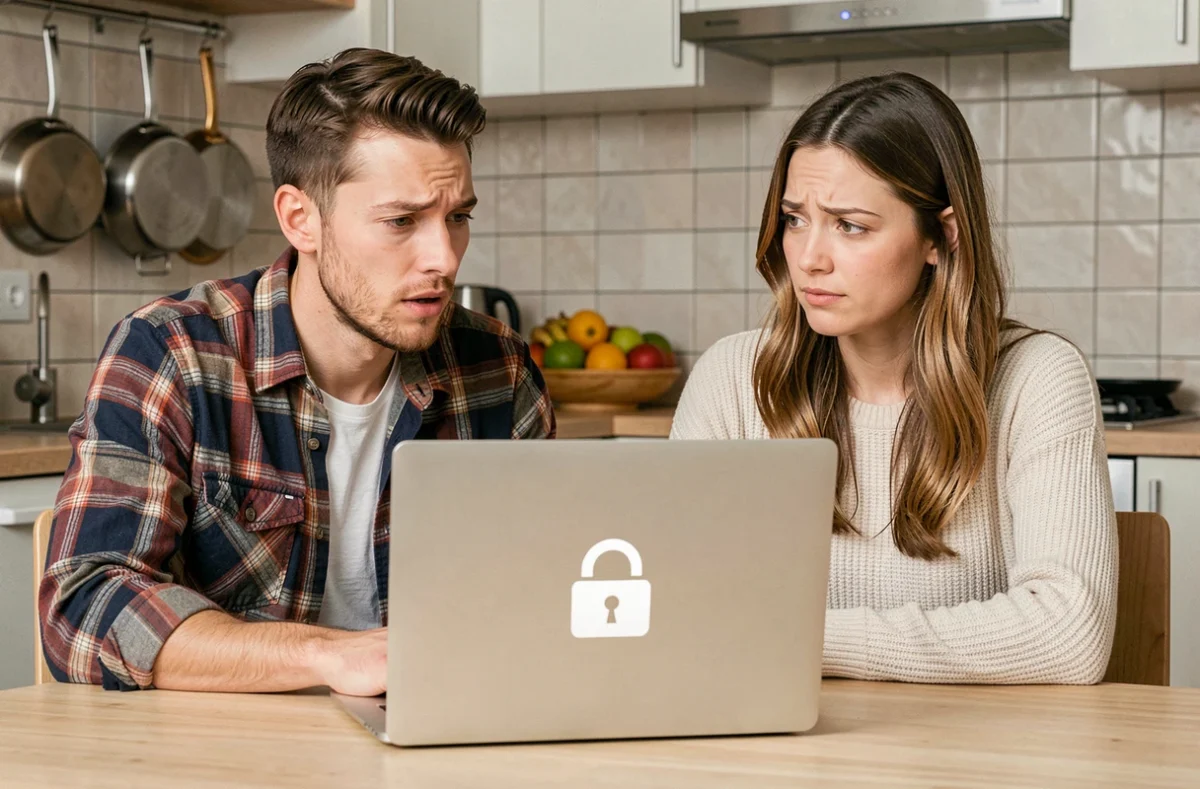 Couple discutant de la légalité d'un site de streaming de films sur leur ordinateur portable dans la cuisine