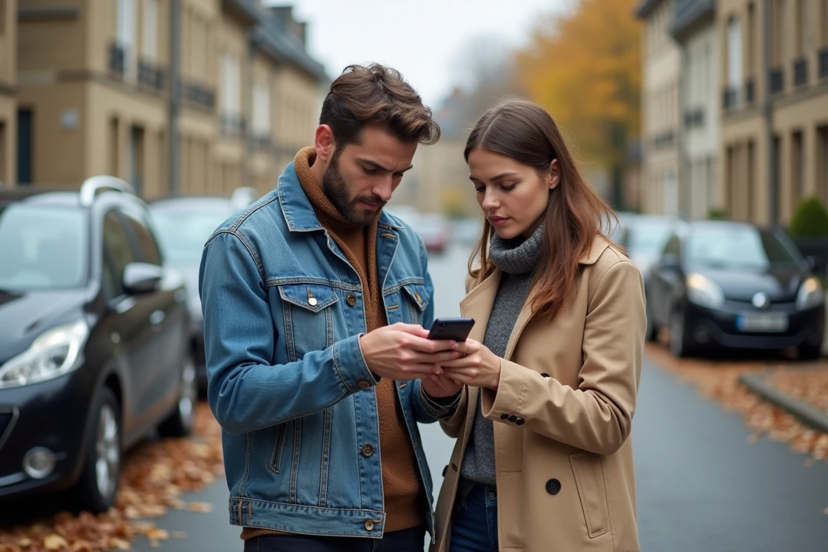 Couple inspectant une annonce sur smartphone dans la rue avant une transaction sur Le Bon Coin
