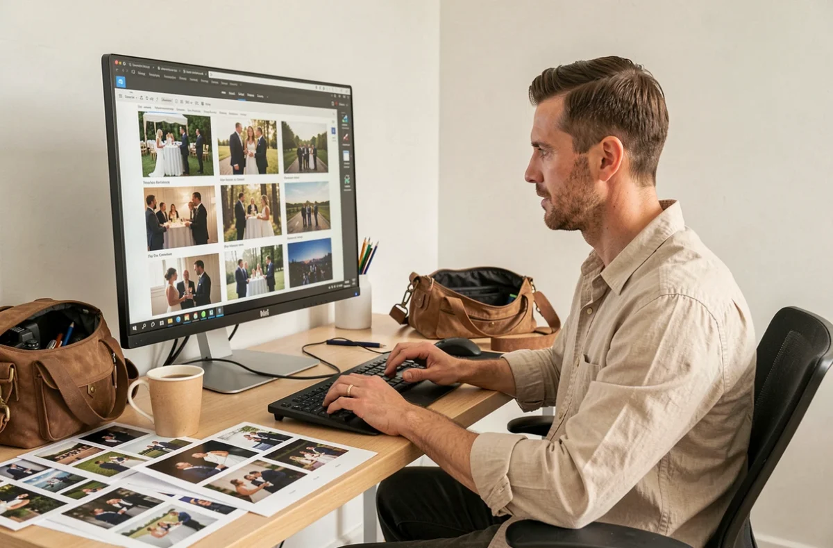Photographe David assis à son poste de retouche dans un studio épuré mayennais, sélectionnant des photos d'événement sur écran