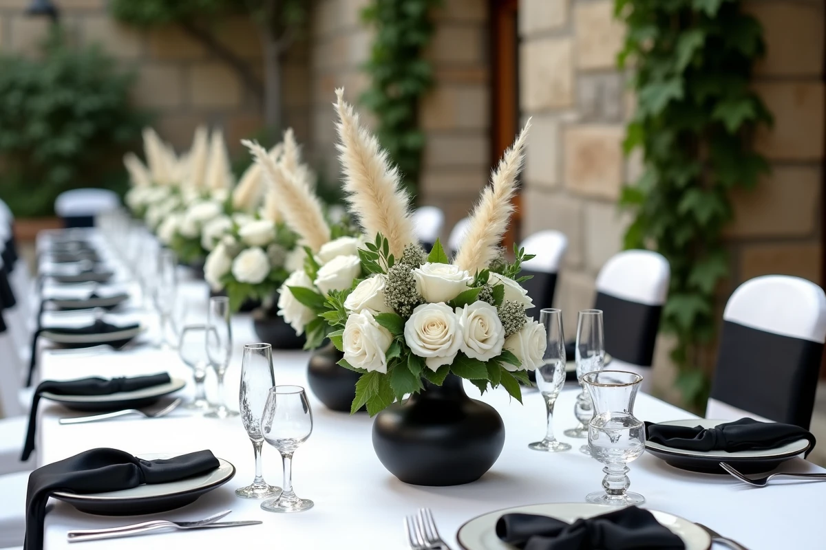Décoration de table de mariage en noir et blanc avec roses blanches et vases noirs sur nappe de lin