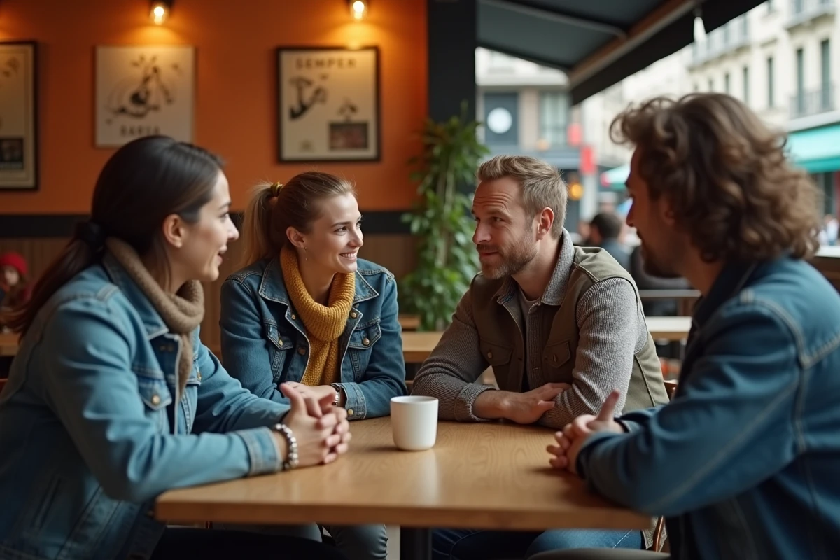 Groupe de personnes de différentes origines en discussion sérieuse dans un café parisien, illustrant le débat sur l'humour et ses limites