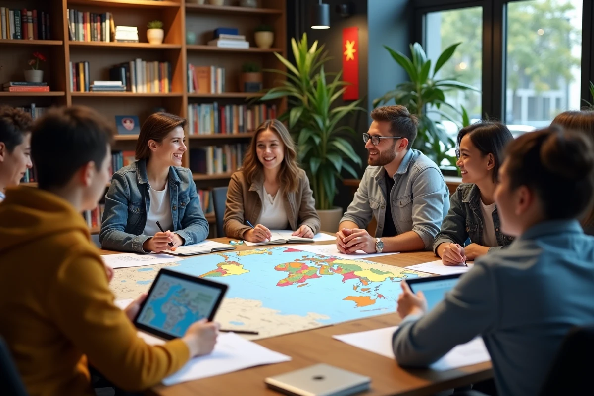 Jeunes adultes discutant autour d une table avec cartes et tablettes