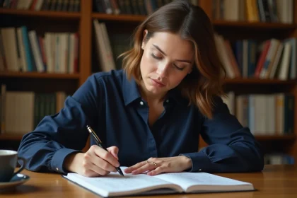 Femme écrivant des lettres capitales à la main dans un cahier ligné avec un stylo plume, dans un bureau entouré de dictionnaires