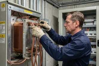 Électricien connectant un transformateur triphasé monophasé sur un tableau électrique industriel 400V vers 230V