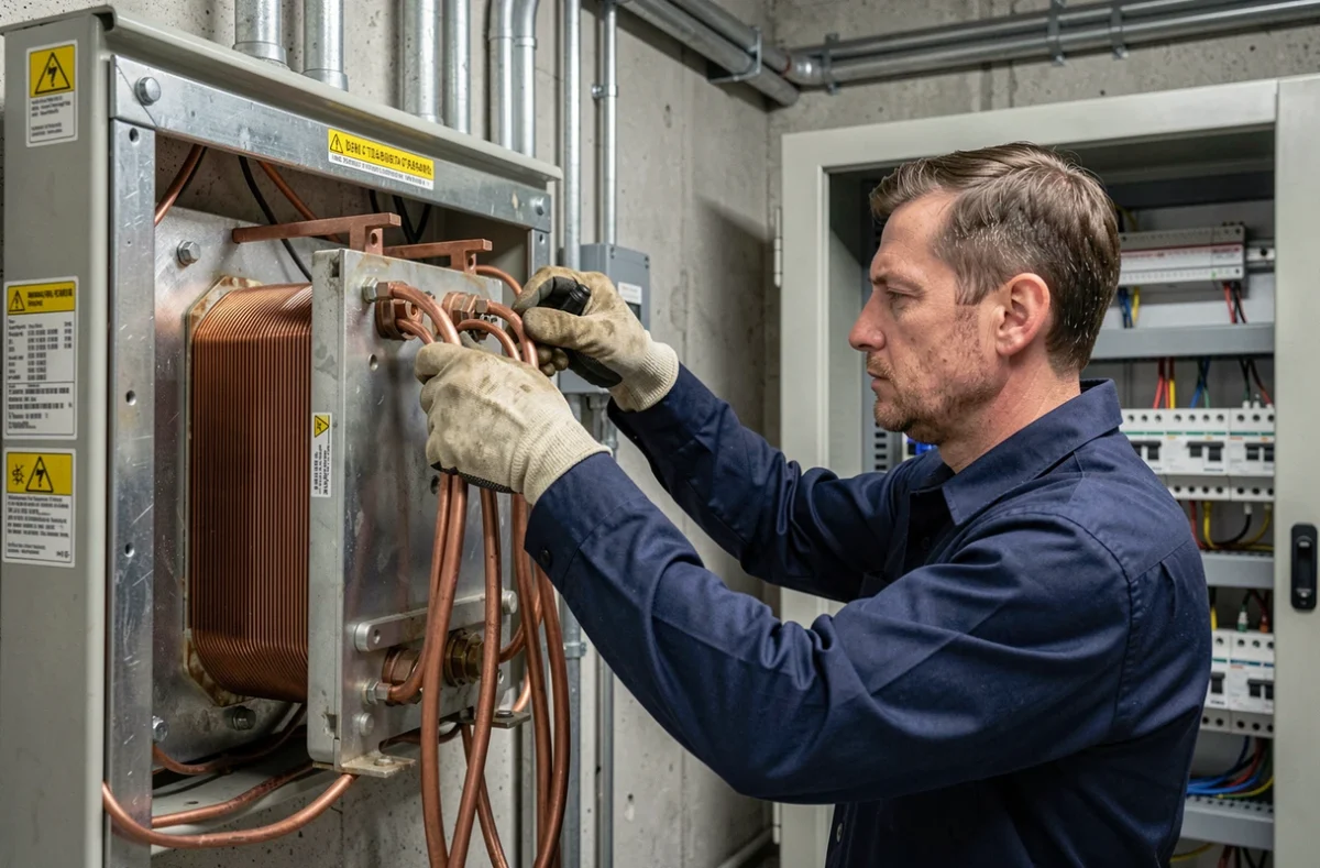 Électricien connectant un transformateur triphasé monophasé sur un tableau électrique industriel 400V vers 230V