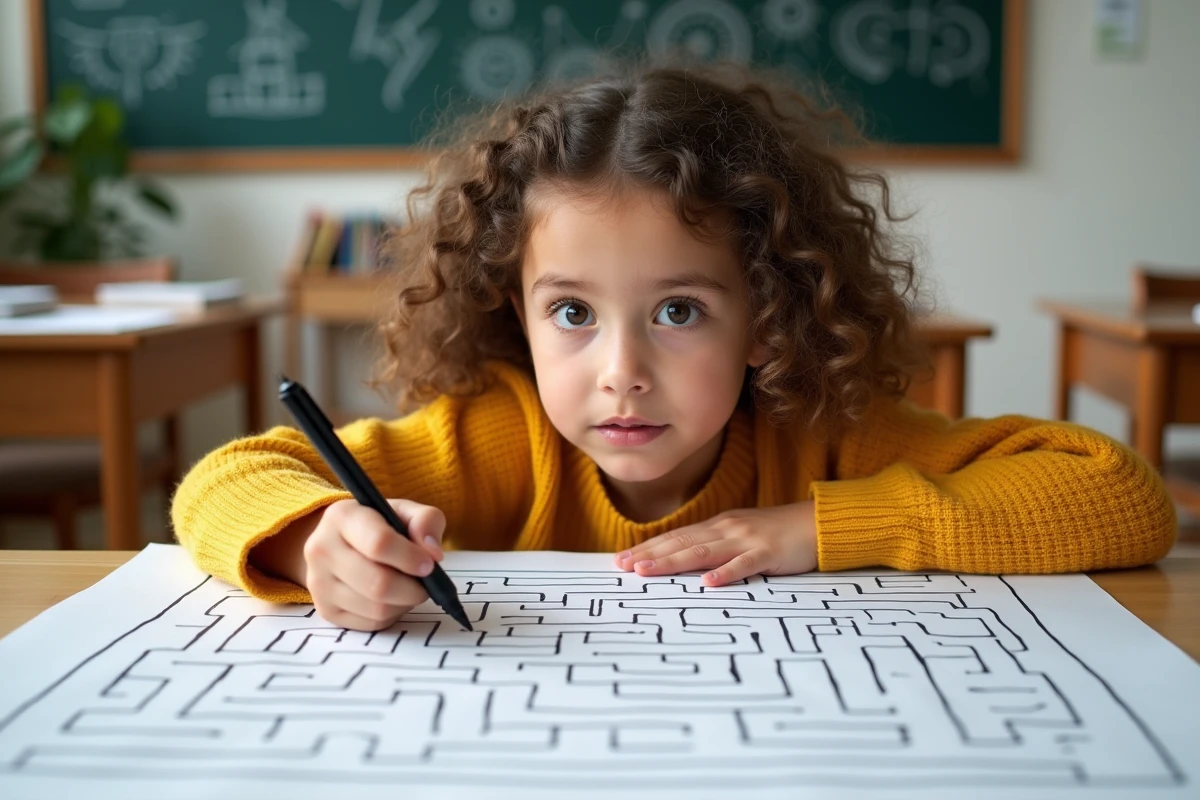 Fillette dessinant un labyrinthe sur papier kraft dans une salle de classe, projet pédagogique sur le mythe grec du Minotaure