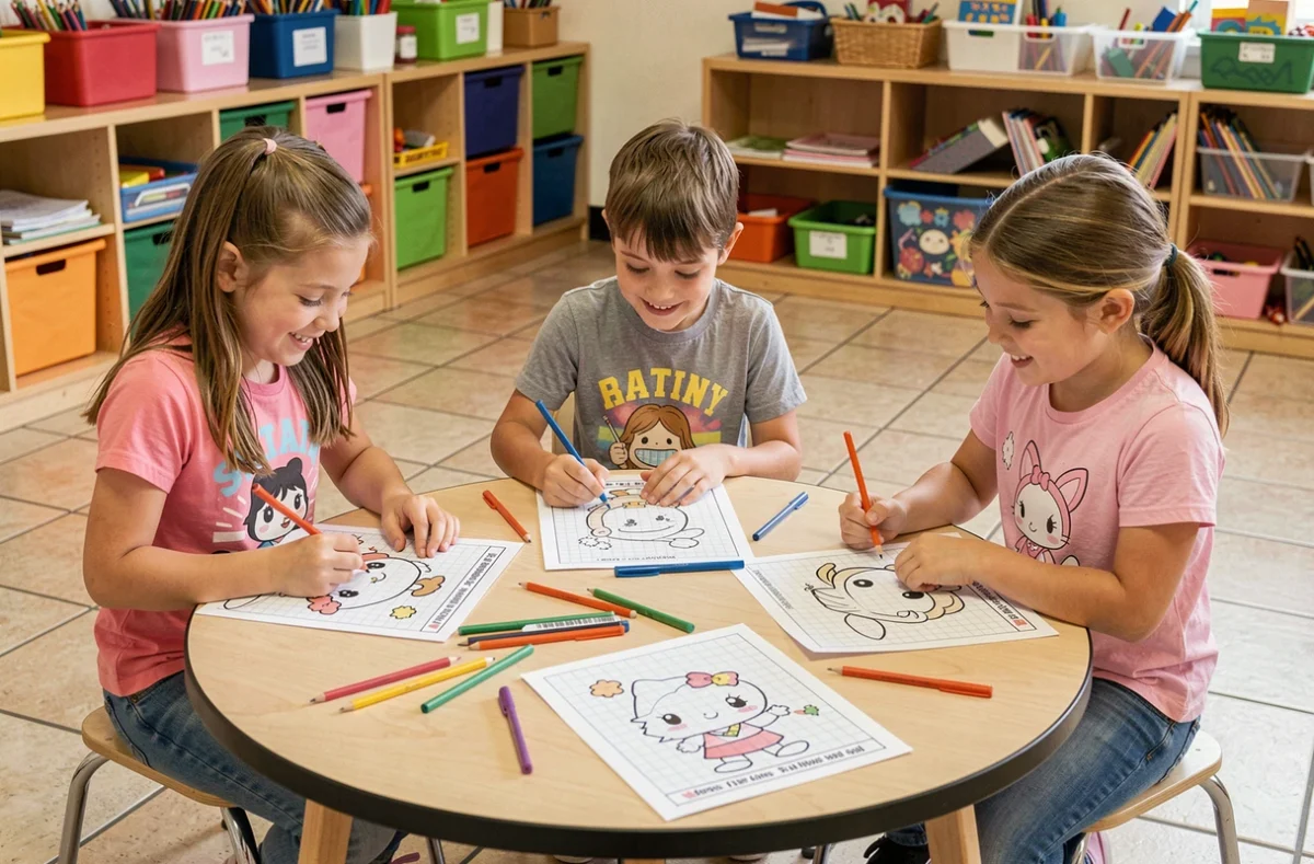 Enfants concentrés sur des fiches pixel art kawaii Disney dans un centre de loisirs