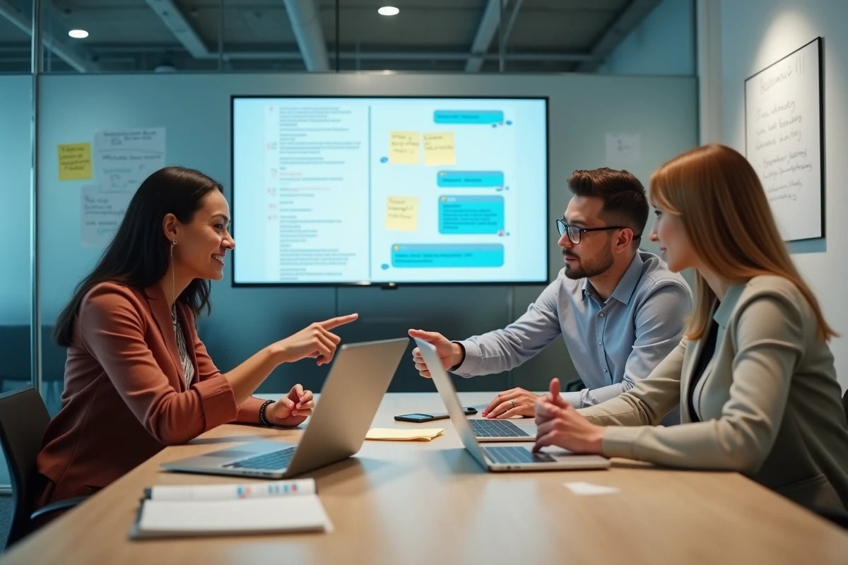 Équipe professionnelle en réunion analysant les différences entre ChatGPT gratuit et premium pour des usages métiers