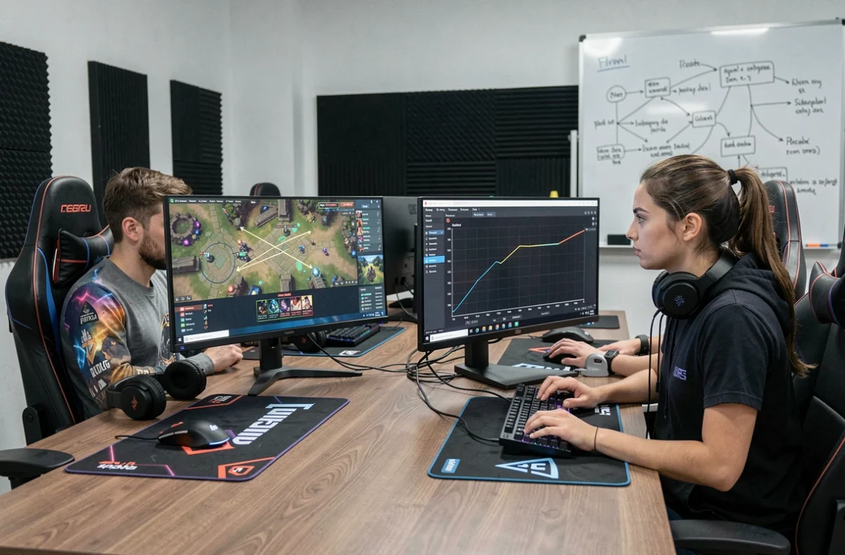 Deux joueurs analysant ensemble une rediffusion et des graphiques de progression sur League of Legends dans une salle d'entraînement esports