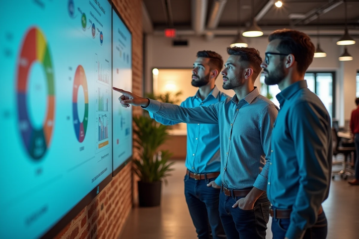 Equipe de professionnels collabore devant un écran digital