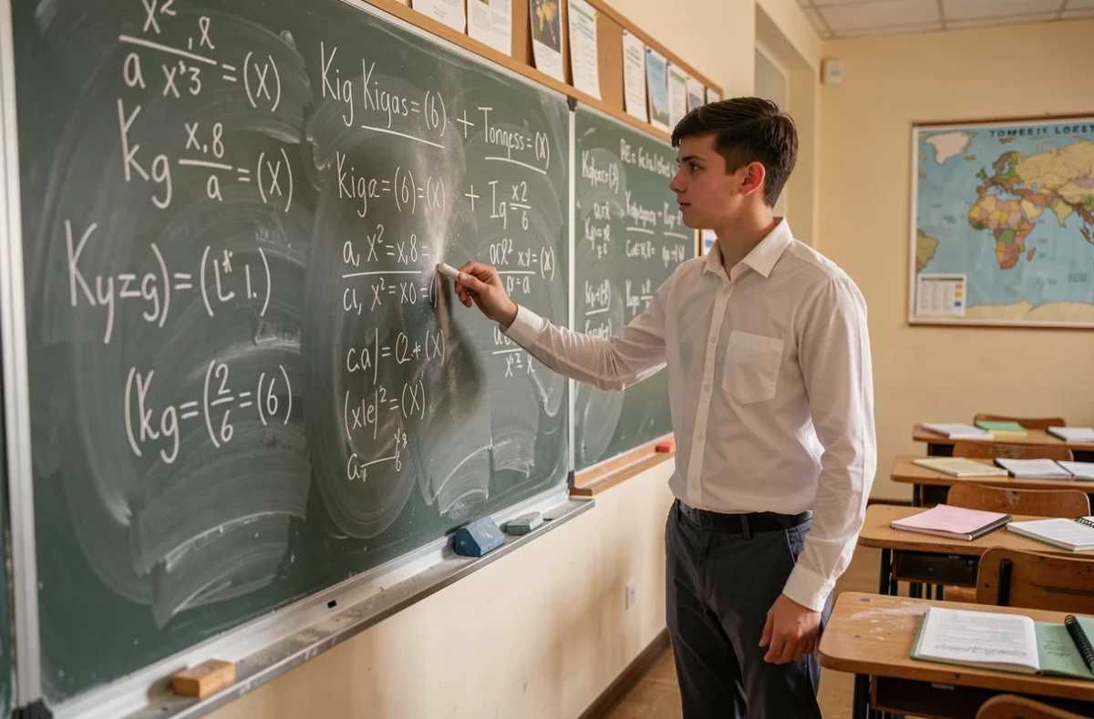 Étudiant au tableau noir expliquant une formule de conversion de kilogrammes en tonnes en cours de mathématiques