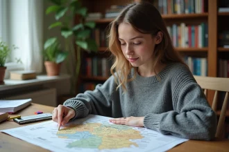 Étudiante révisant le bac avec une carte des Länder d'Allemagne bien lisible sur un bureau en bois
