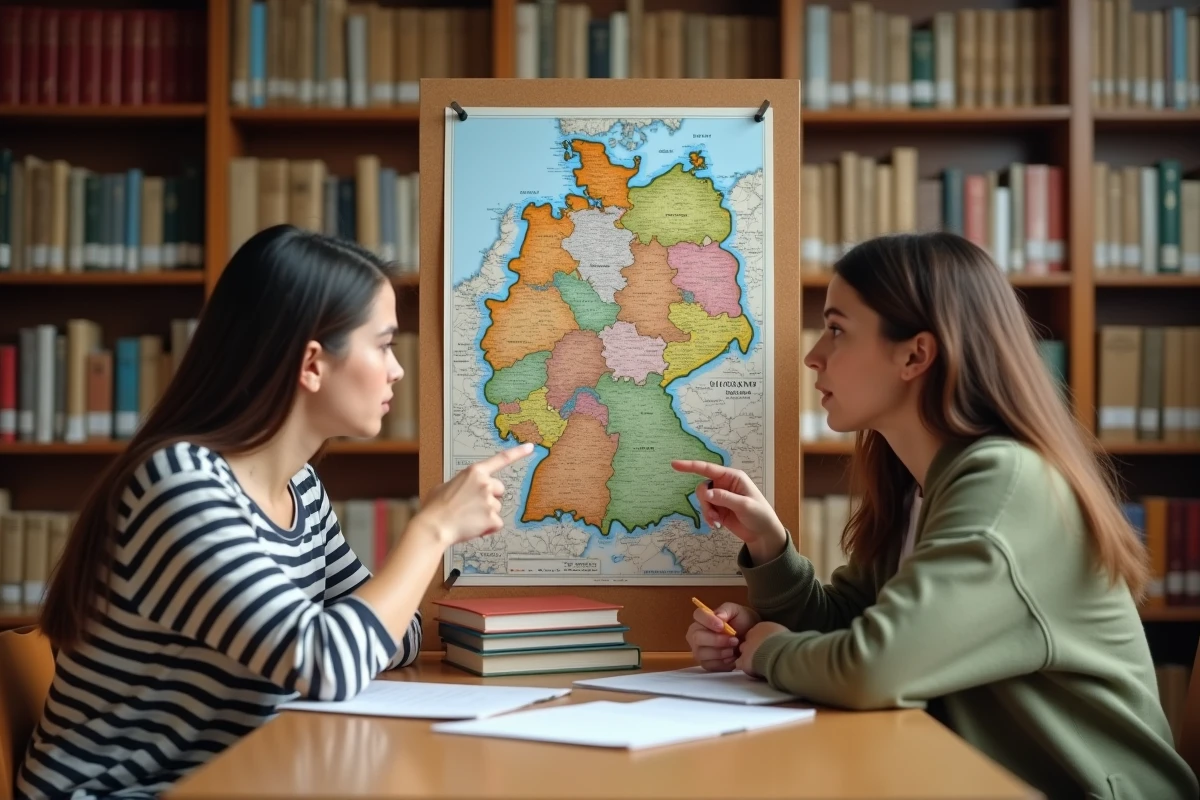 Deux lycéennes étudiant ensemble une carte lisible des Länder d'Allemagne affichée sur un tableau en liège en bibliothèque