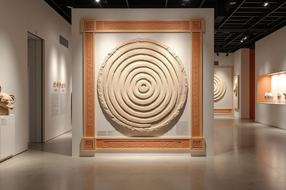 Exposition muséale interactive pour enfants présentant une réplique du labyrinthe minoen avec des frises de taureaux et des inscriptions pédagogiques