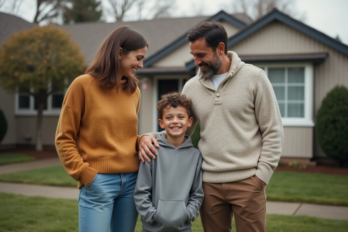 Une famille dehors devant une maison avec jardin