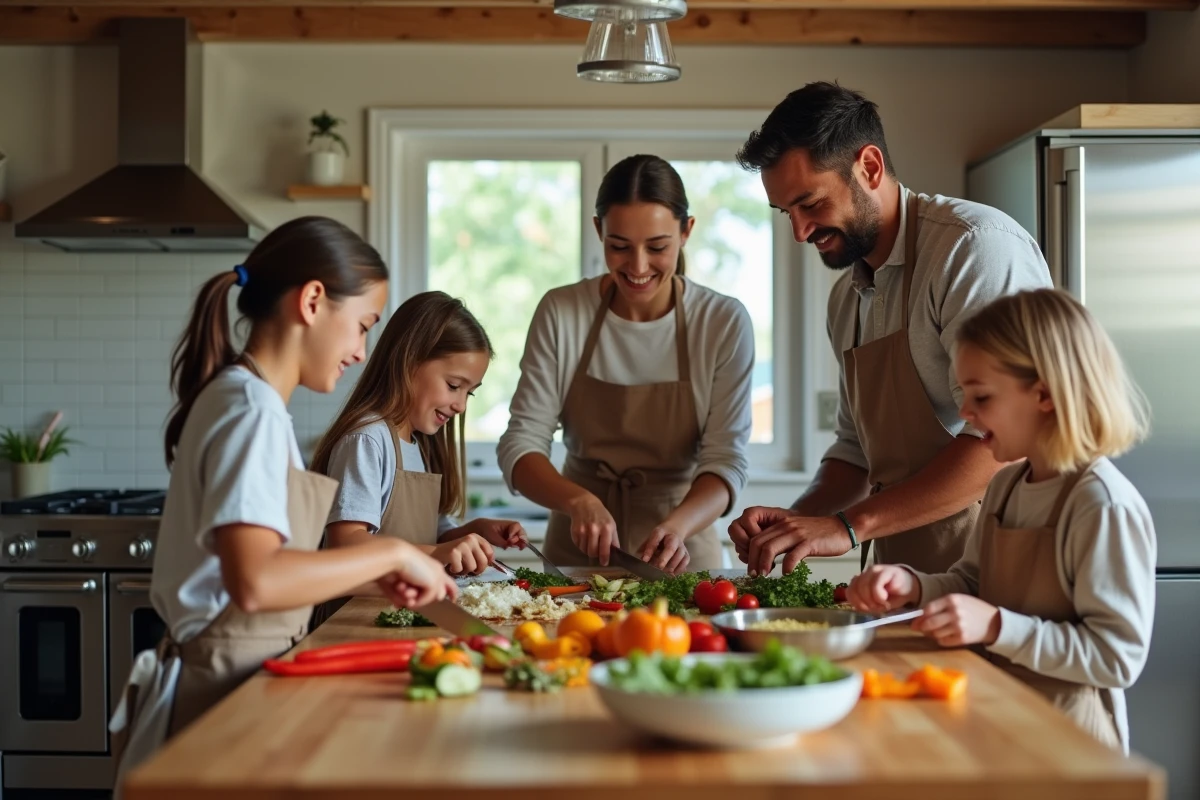 Famille melangee cuisinant ensemble autour d