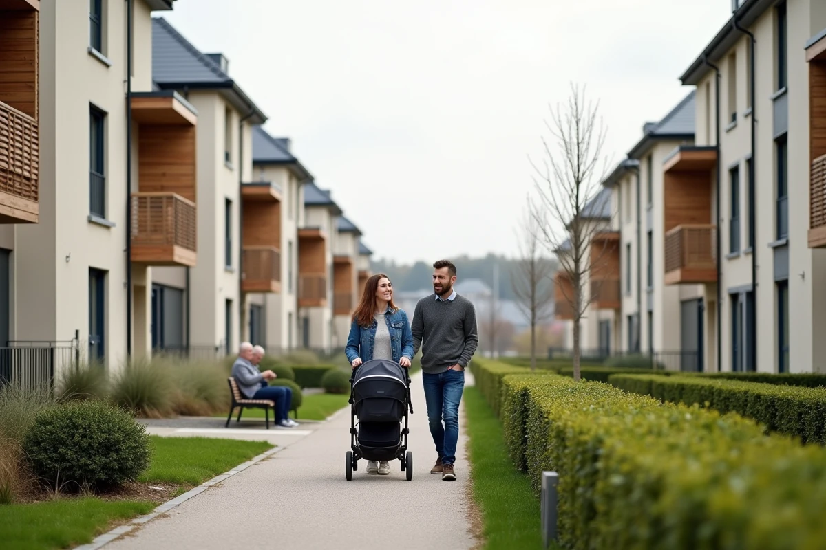 Famille se promenant dans un nouveau quartier résidentiel de Rennes illustrant l'expansion urbaine et la qualité de vie
