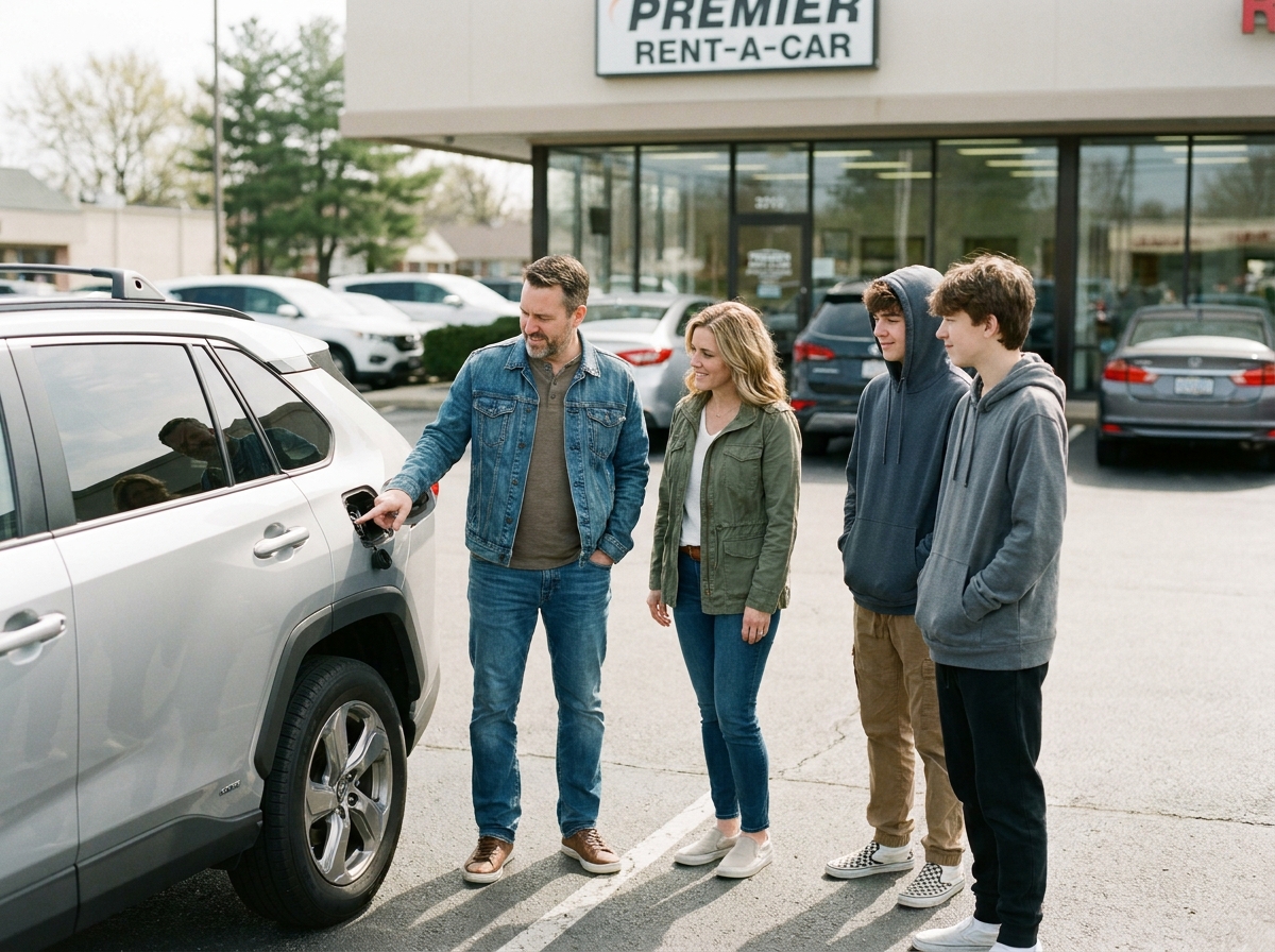 Famille de quatre personnes découvrant un SUV hybride devant une agence de location de voiture