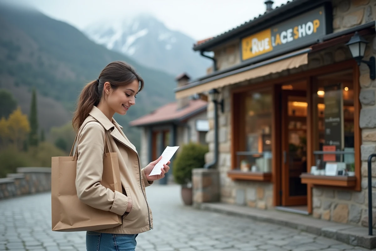 Femme tenant un ticket de caisse devant une boutique duty-free en Andorre avec paysage montagneux des Pyrénées