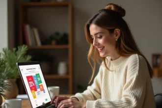 Femme en pull tricoté faisant ses achats de Noël en ligne lors du Cyber Monday sur un ordinateur portable