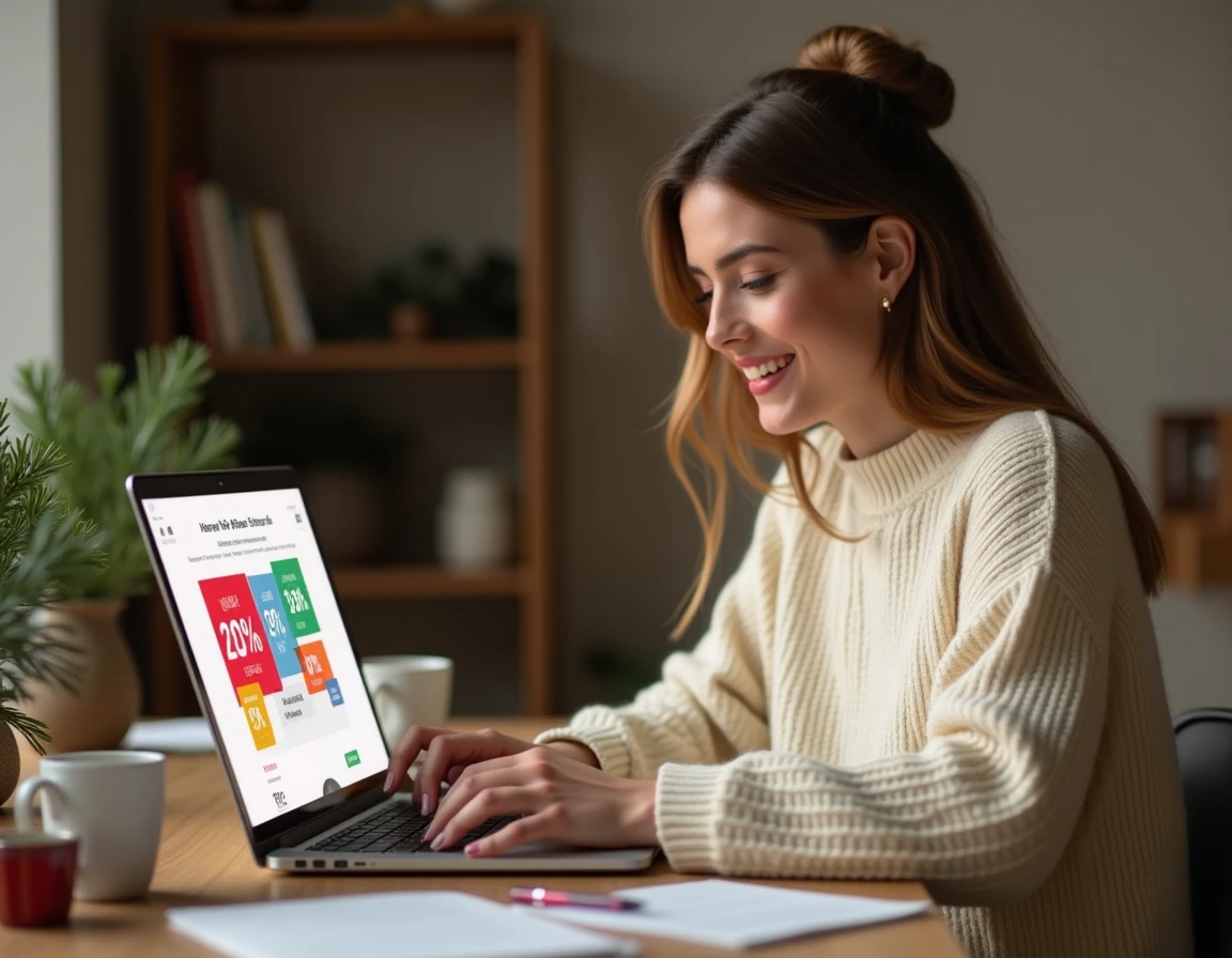 Femme en pull tricoté faisant ses achats de Noël en ligne lors du Cyber Monday sur un ordinateur portable