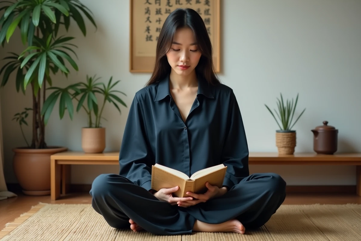 Jeune femme d'origine asiatique lisant un livre sur l'astrologie chinoise, assise sur un tatami dans un appartement minimaliste avec calligraphie chinoise en arrière-plan, évoquant le destin du Coq d'Eau né en 1993
