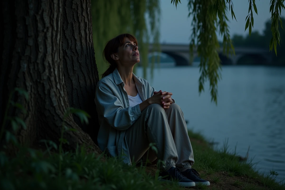 Femme assise contre un saule au bord de la rivière la nuit