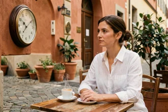 Femme regardant une horloge murale dans un café le matin, illustrant la notion d'heure AM et post meridiem