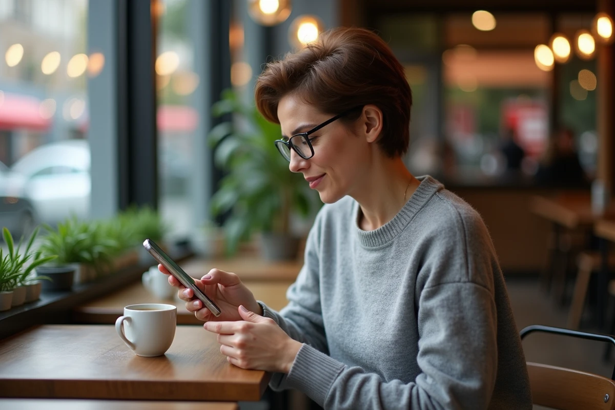 Femme au café regardant son smartphone
