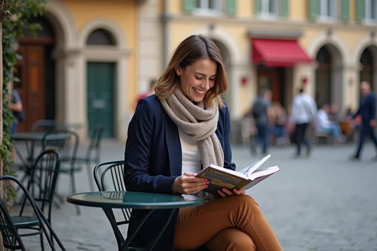 Femme lisant un guide de voyage dans un café en ville
