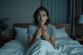 Femme réveillée en sursaut dans son lit après un cauchemar, expression effrayée et mains sur la poitrine