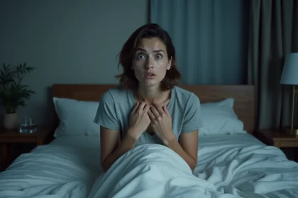 Femme réveillée en sursaut dans son lit après un cauchemar, expression effrayée et mains sur la poitrine