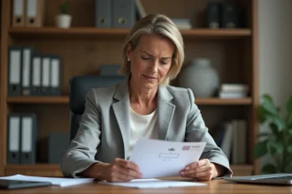 Femme consultant une enveloppe officielle avec une adresse postale pour identifier le propriétaire d'une adresse