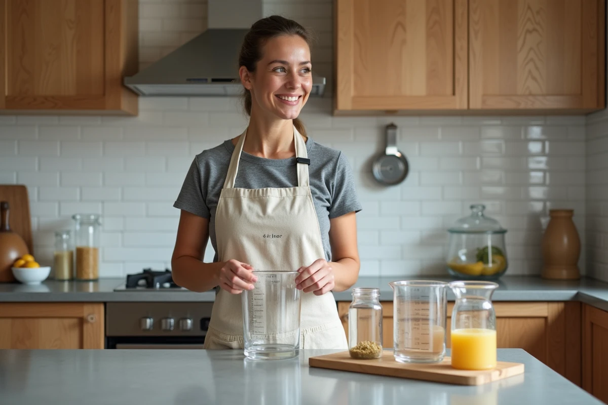 Femme dans une cuisine comparant des contenants de différentes capacités pour comprendre la conversion litres et mètres cubes