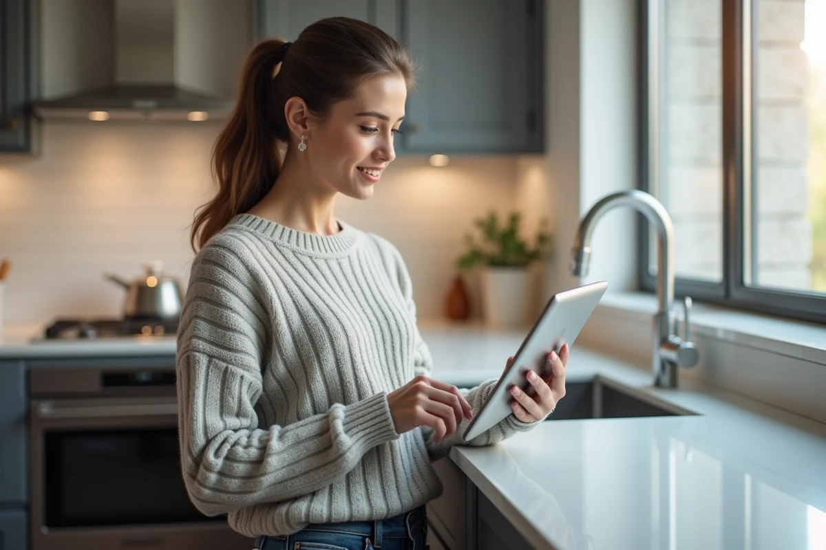 Jeune femme vérifiant ses devis dans une cuisine moderne