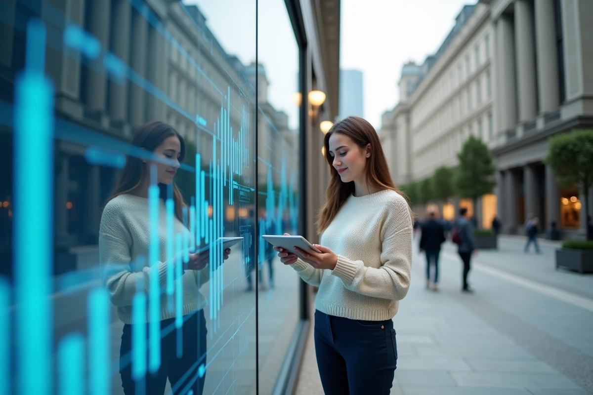 Jeune femme analysant des graphiques fintech en ville