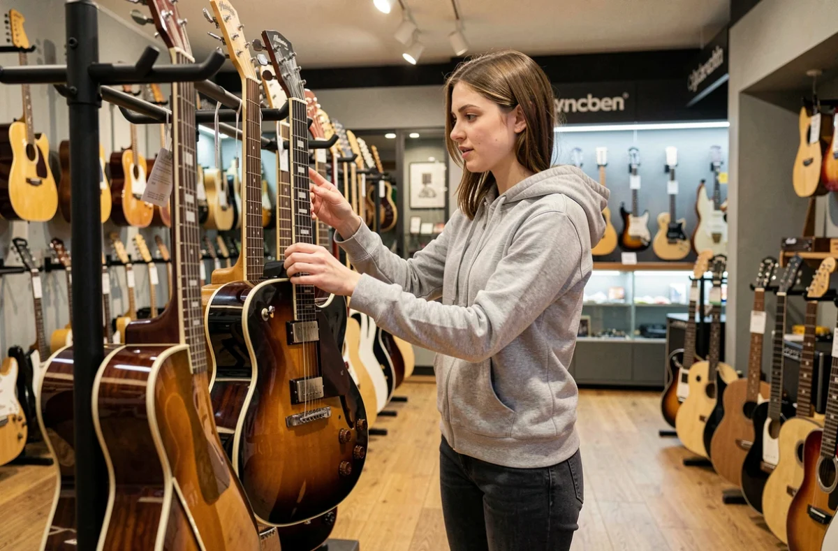 Jeune femme examinant une guitare électrique Atlantic dans un magasin de musique en France