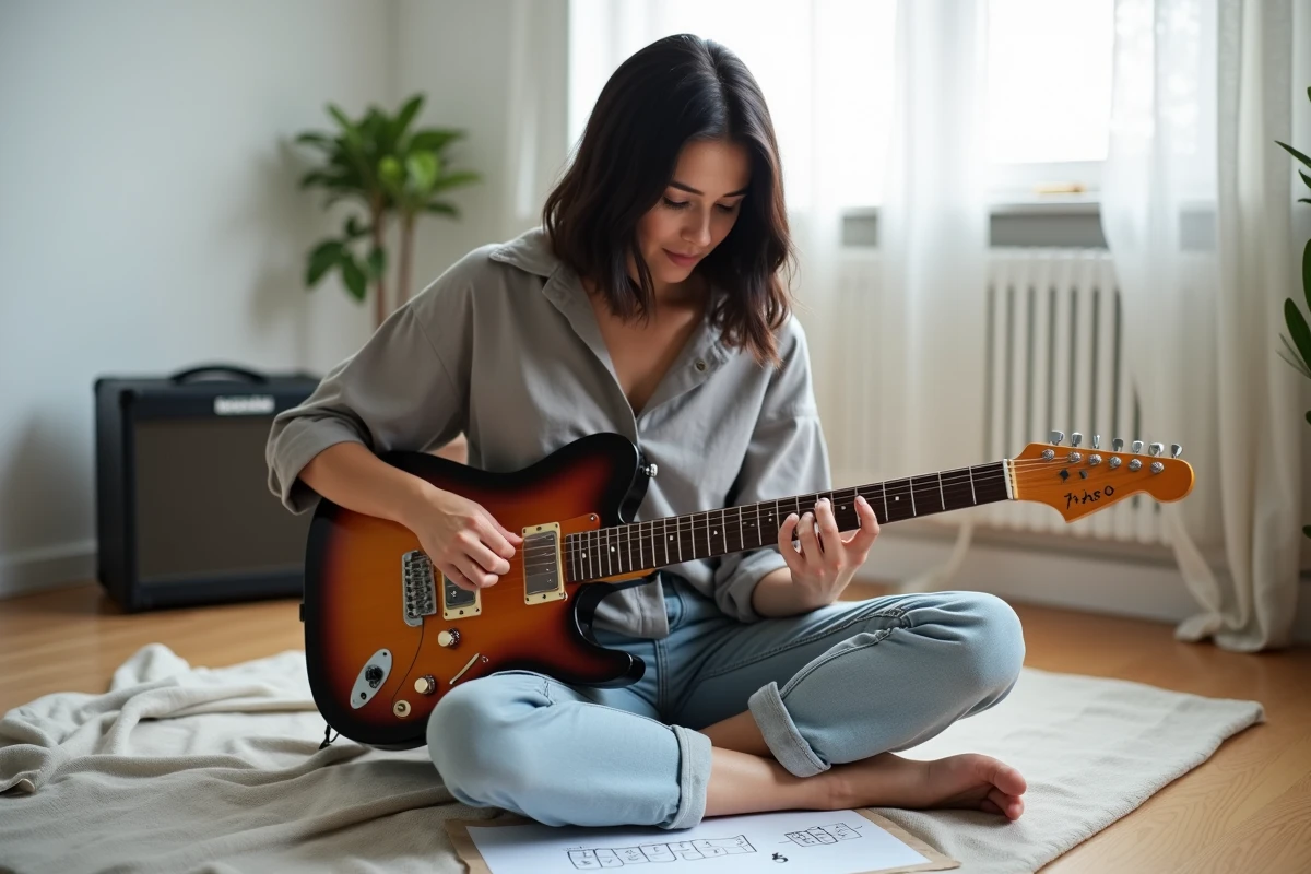 Femme guitariste apprenant l'accord B7 sur guitare électrique avec un schéma d'accord au sol dans une chambre