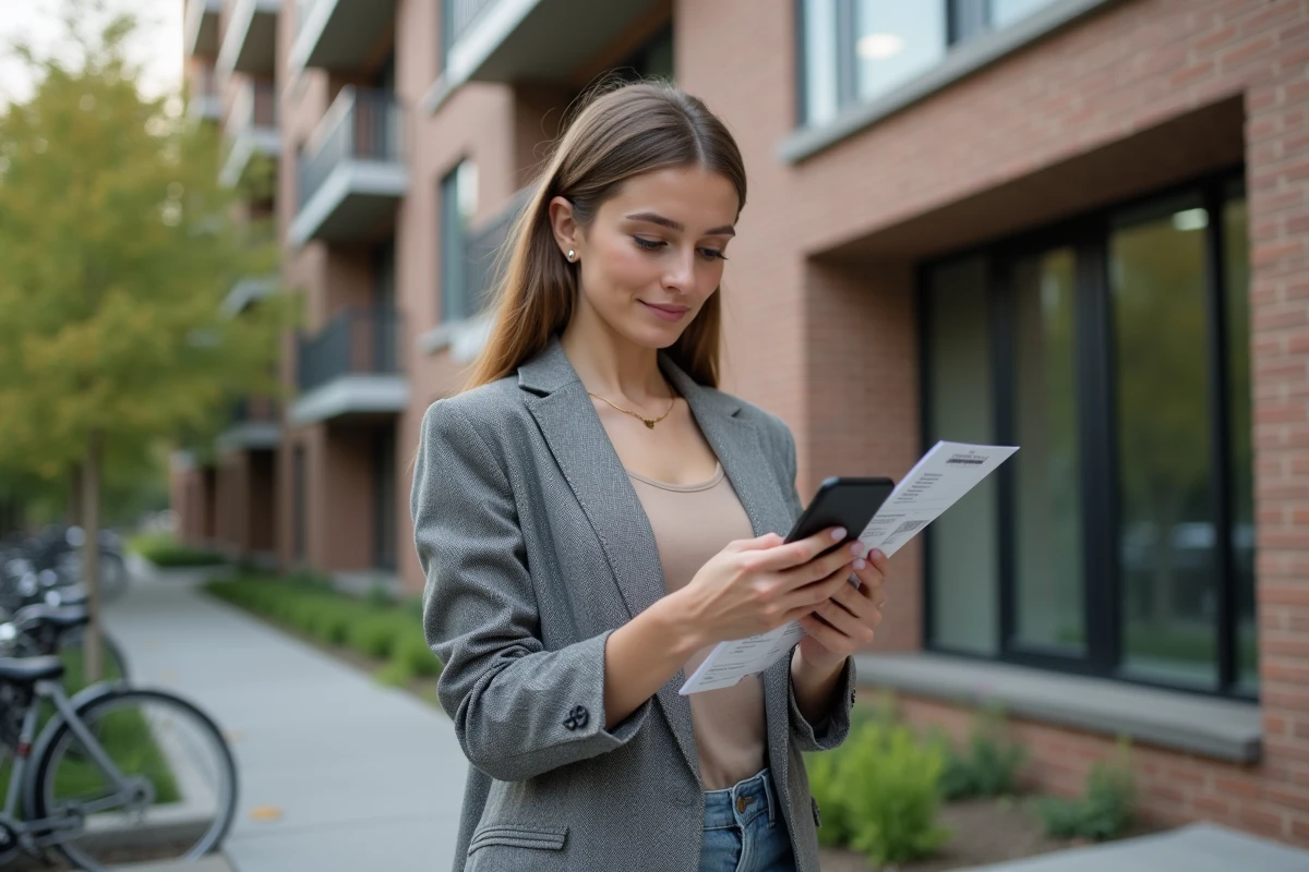 Jeune femme consulte une brochure et son téléphone devant un immeuble