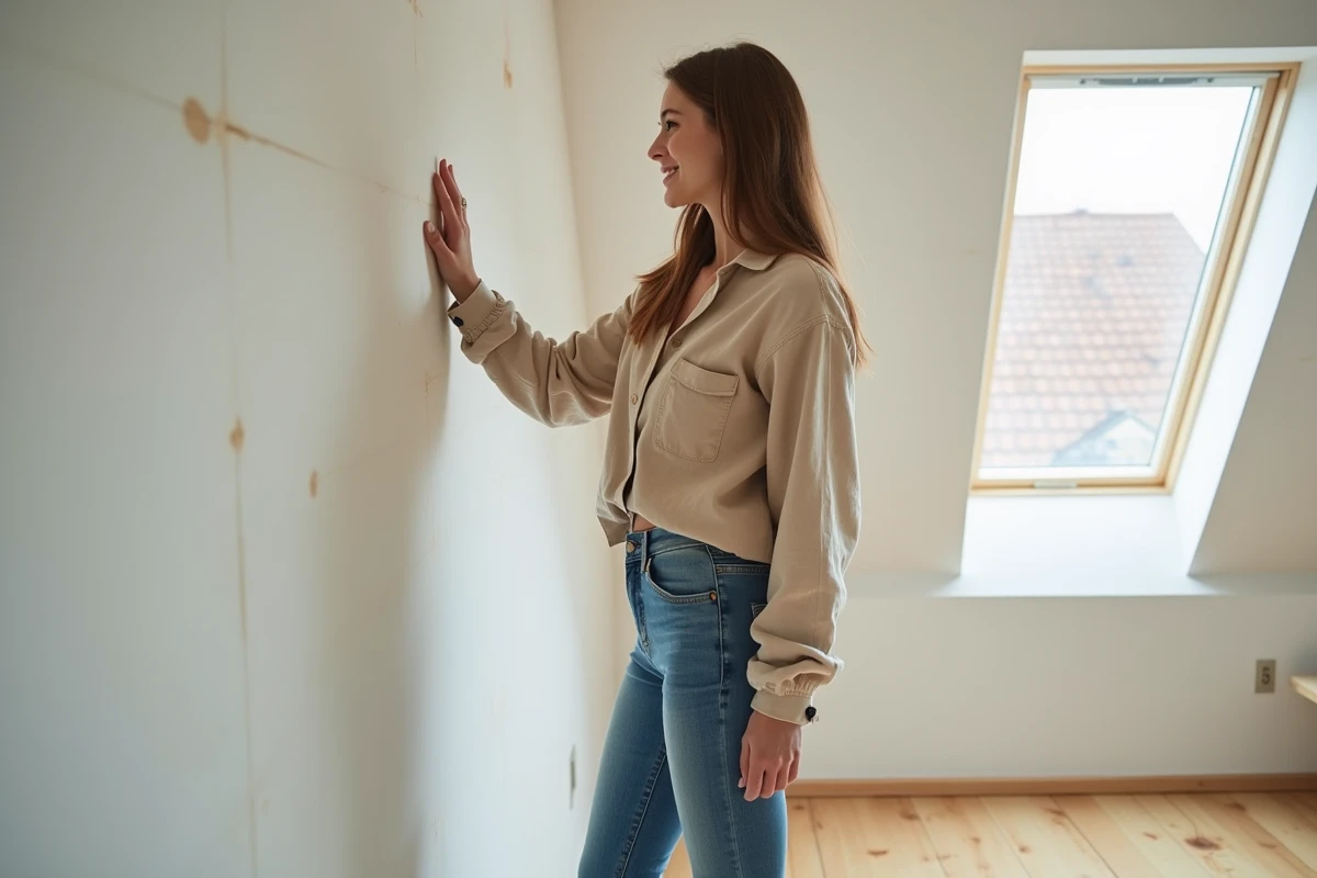 Jeune femme inspectant une pièce isolée dans un grenier