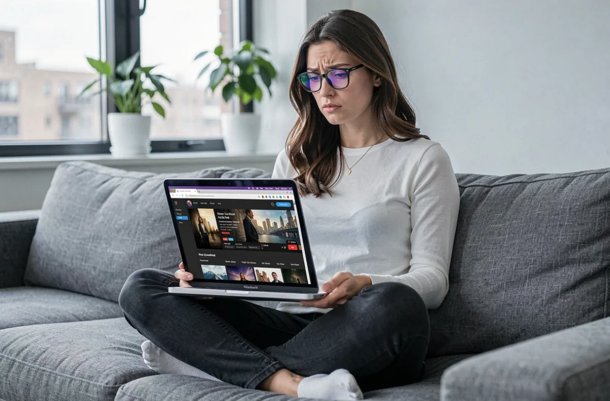 Femme utilisant un laptop pour regarder des films sur un site de streaming douteux dans son salon