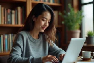 Femme parcourant une bibliothèque d'ebooks sur un ordinateur portable dans un bureau à domicile entouré de livres