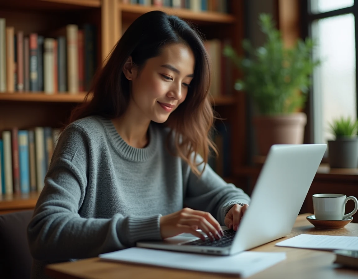 Femme parcourant une bibliothèque d'ebooks sur un ordinateur portable dans un bureau à domicile entouré de livres
